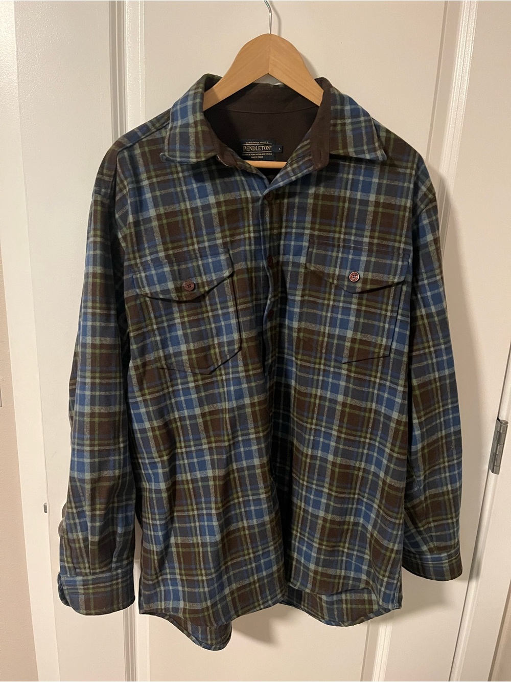 Pendleton Navy Label Plaid Wool Shirt with Blue & Brown Checks